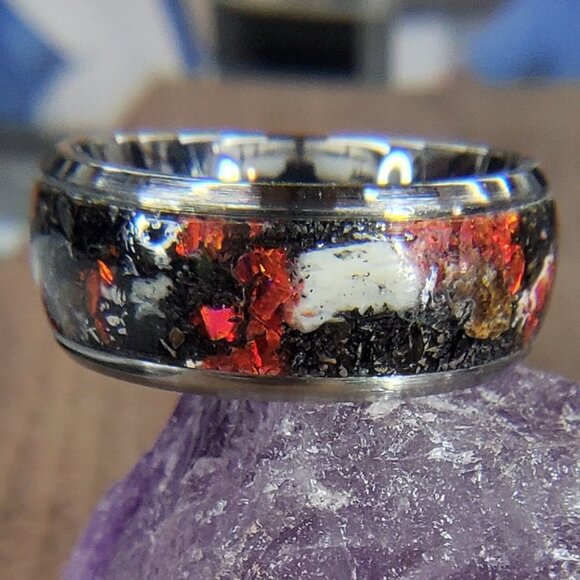 "Extinction" Ring with Dinosaur Bone, Meteorite Shavings & Red Opal - Picture 3 of 6
